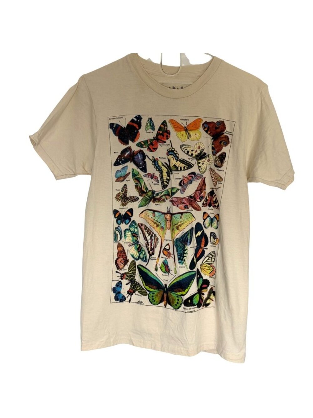Vintage Style Butterfly Chart T Shirt By Friday Jr Small Beige Cotton